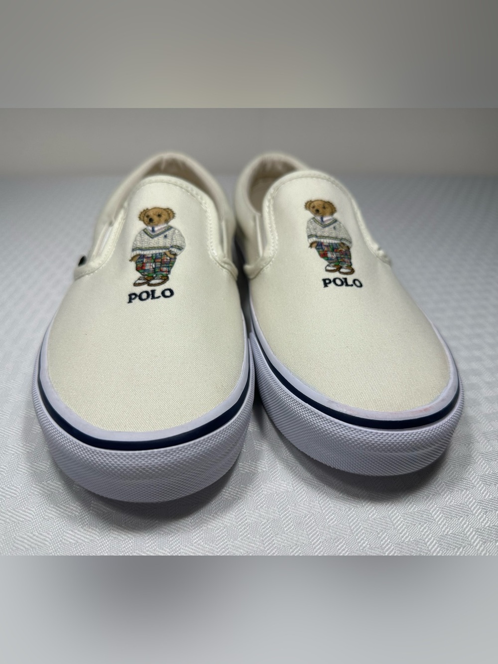 Polo Ralph Lauren Keaton Slip-On Bear Men's 10 Canvas Cream Sneaker Shoes EXC!